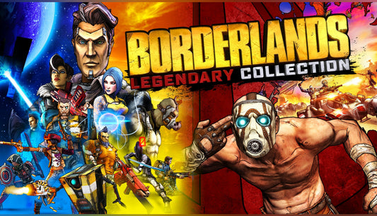 Official cover art for Borderlands Legendary Collection featuring stylized characters and action-packed desert landscapes.
