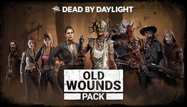 Cover art for Dead by Daylight - Old Wounds Pack, showcasing a lineup of four original survivors and four original killers, including The Plague and The Oni, standing together in a misty forest.