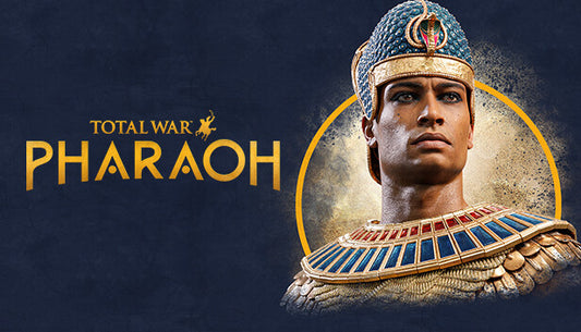 Official cover art for Total War: PHARAOH featuring an Egyptian leader in ornate golden armor against a desert backdrop.