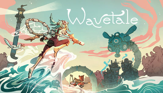 Cover art for the action-adventure game Wavetale featuring the protagonist Sigrid surfing on the ocean waves.