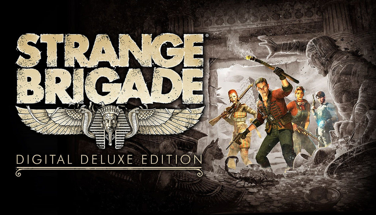 Official cover art for Strange Brigade Deluxe Edition featuring four adventurers in an Egyptian-style setting.