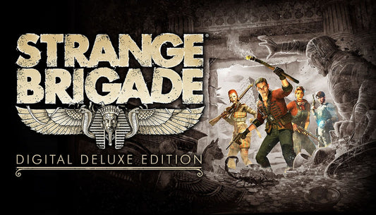 Official cover art for Strange Brigade Deluxe Edition featuring four adventurers in an Egyptian-style setting.