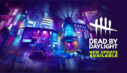 Official cover art for Dead by Daylight with a neon-lit cityscape and game logo.