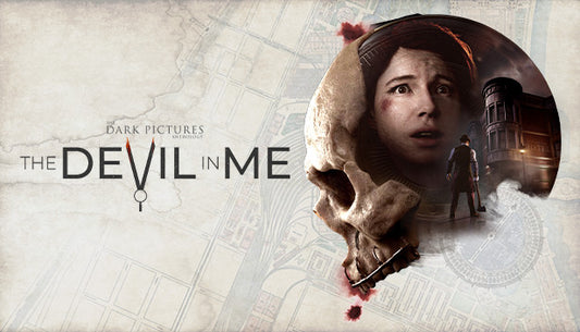 Official cover art for The Dark Pictures Anthology: The Devil in Me featuring a character's face inside a glass case.