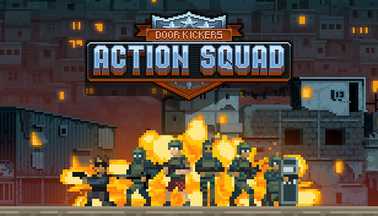 Official cover art for Door Kickers: Action Squad featuring pixelated SWAT characters in a tactical side-scrolling mission.