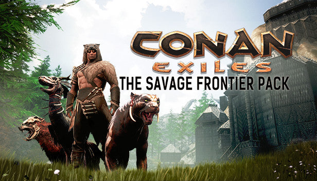 Cover art for the Conan Exiles Enhanced - The Savage Frontier Pack, showing a muscular warrior wearing a wolf pelt hood standing alongside three fierce beast companions in a forested valley.