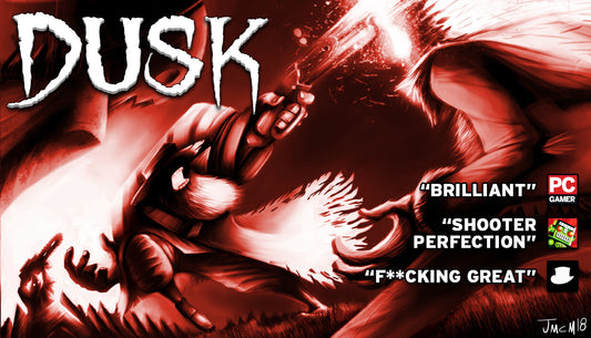 Official cover art for the retro-style first-person shooter DUSK featuring dark, atmospheric imagery.