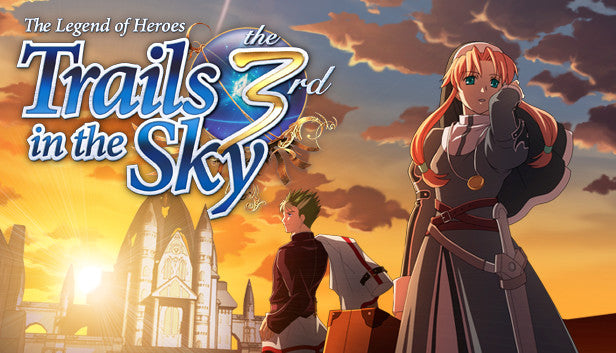 Cover art for The Legend of Heroes: Trails in the Sky the 3rd, depicting protagonists Kevin Graham and Ries Argent standing before a grand cathedral under a bright, golden sunset sky.