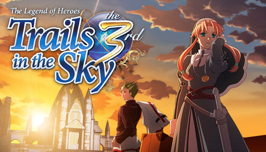 Cover art for The Legend of Heroes: Trails in the Sky the 3rd, depicting protagonists Kevin Graham and Ries Argent standing before a grand cathedral under a bright, golden sunset sky.