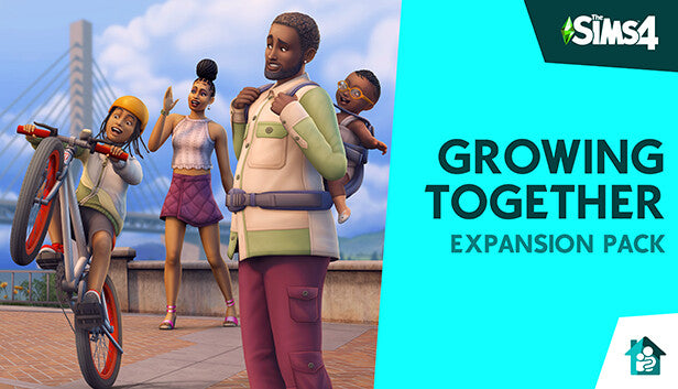 Official cover art for The Sims 4 Growing Together Expansion Pack featuring a diverse family smiling and embracing.