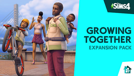 Official cover art for The Sims 4 Growing Together Expansion Pack featuring a diverse family smiling and embracing.