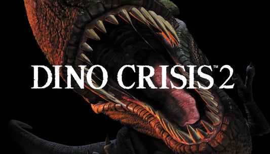 Official Dino Crisis 2 cover art showing a terrifying close-up of a roaring dinosaur's fanged mouth on a black background.