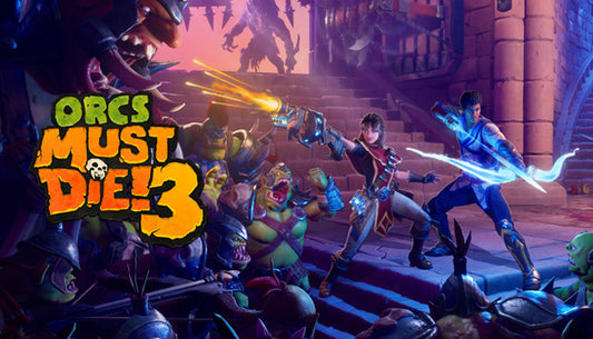 Official cover art for Orcs Must Die! 3 featuring a hero character battling a horde of green orcs.