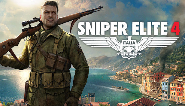 Official cover art for the tactical shooter game Sniper Elite 4 featuring a sniper in a World War II setting.