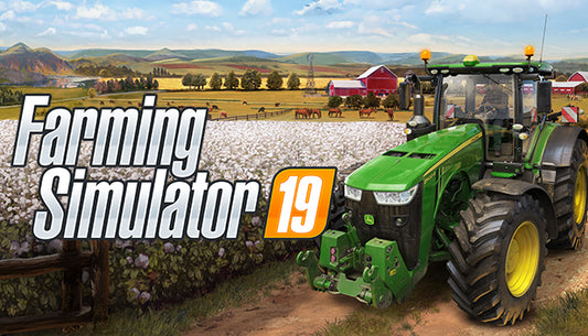 Official cover art for Farming Simulator 19 featuring a modern red tractor working in a vast golden field.