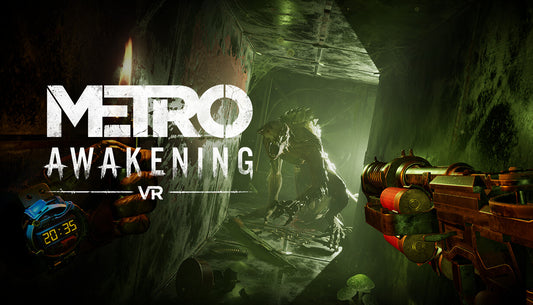 Official cover art for Metro Awakening VR featuring a gas-masked character holding a torch in a dark, post-apocalyptic tunnel.