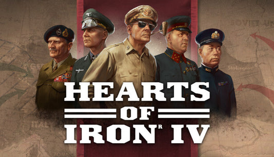 Official cover art for the grand strategy wargame Hearts of Iron IV featuring historical military leaders and machinery.