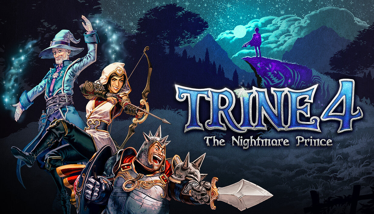 Official cover art for Trine 4: The Nightmare Prince featuring three heroes in a vibrant, mystical fantasy forest.