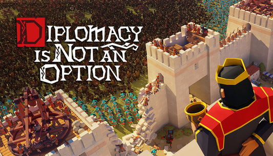 Official cover art for the strategy game Diplomacy is Not an Option featuring a medieval battle with thousands of units.