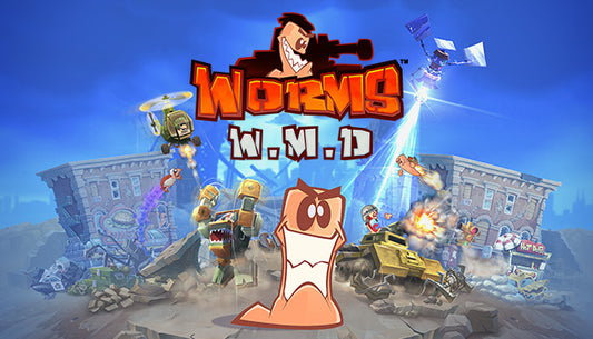 Official cover art for the tactical strategy game Worms W.M.D featuring hand-drawn cartoon tanks and explosive war scenes.