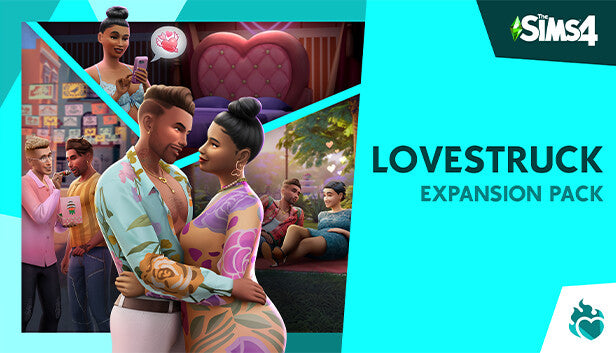 Official cover art for The Sims 4 Lovestruck Expansion Pack featuring two Sims sharing a romantic moment in a vibrant city setting.