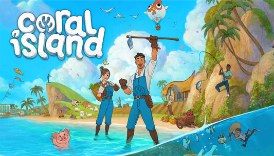 Promotional cover art for the farming simulation game Coral Island featuring a lush tropical landscape.