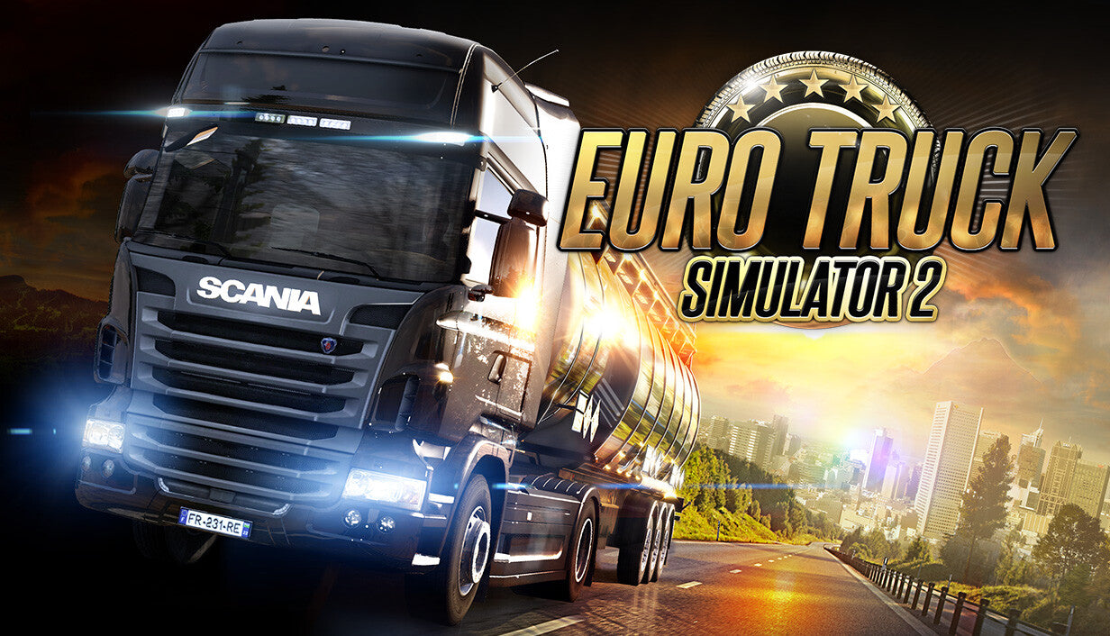 Official cover art for Euro Truck Simulator 2 featuring a red semi-truck driving on a highway at sunset.