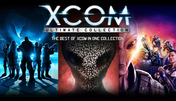 Official cover art for the XCOM Ultimate Collection featuring a collage of human and alien skulls.