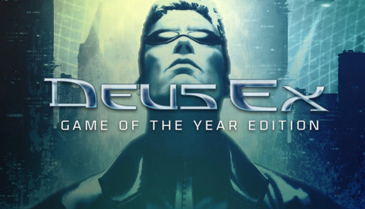Official cover art for Deus Ex: Game of the Year Edition featuring a golden-hued cyborg face with mechanical goggles.