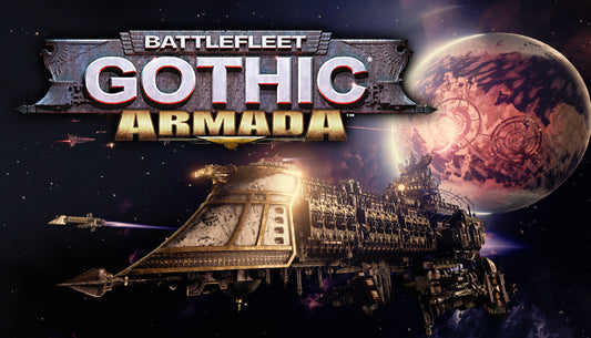 Official cover art for Battlefleet Gothic: Armada featuring a massive Gothic-style spaceship engaged in a space battle.
