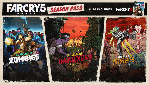 Cover art for the Far Cry 5 Season Pass, featuring a three-panel comic-style illustration representing its expansions: a zombie outbreak, a Vietnam War jungle setting, and an astronaut fighting aliens on Mars.