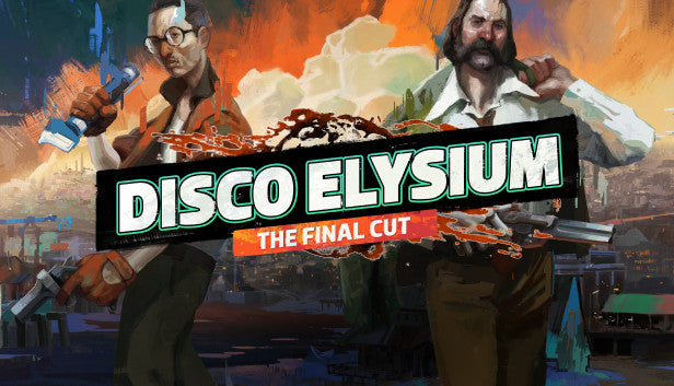 Official cover art for the RPG Disco Elysium - The Final Cut featuring a stylized, colorful illustration of a man.