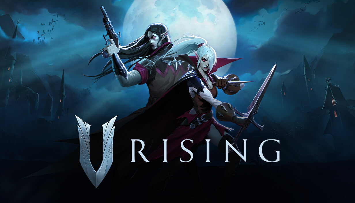 Official cover art for the vampire survival game V Rising featuring a gothic character and atmospheric dark landscape.