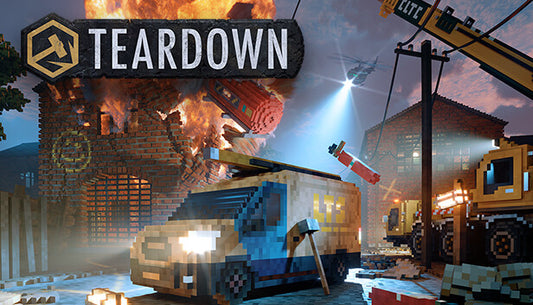 Cover art for the sandbox destruction game Teardown featuring a large vehicle and voxel-based structures.