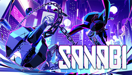 Official cover art for the action-platformer SANABI featuring a character with a glowing prosthetic chain-hook arm.