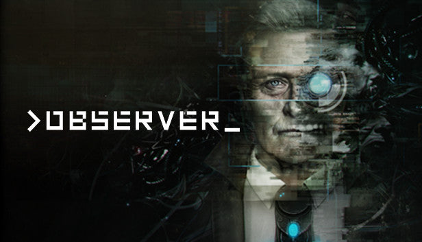 Official cover art for the cyberpunk psychological horror game >observer_ featuring a futuristic, dark aesthetic.
