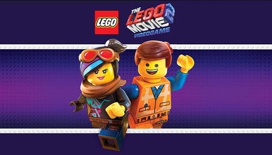 Official cover art for The LEGO Movie 2 Videogame featuring Emmet and Lucy against a galactic background.