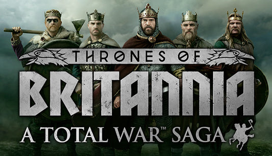 Official cover art for A Total War Saga: THRONES OF BRITANNIA featuring a medieval warrior with a sword and shield.