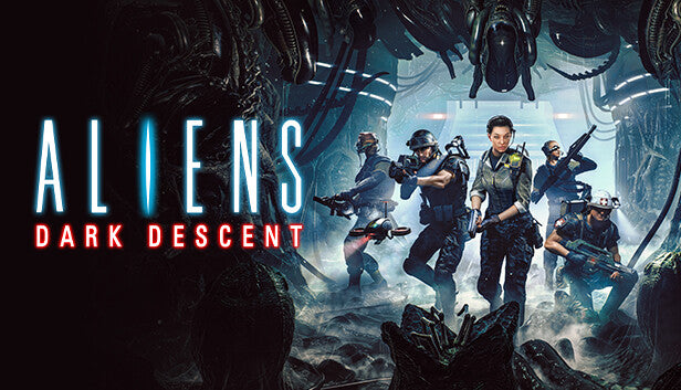 Official cover art for Aliens: Dark Descent featuring a squad of colonial marines in a dark, atmospheric setting.