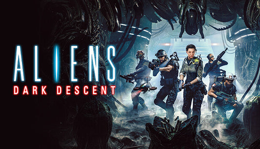 Official cover art for Aliens: Dark Descent featuring a squad of colonial marines in a dark, atmospheric setting.