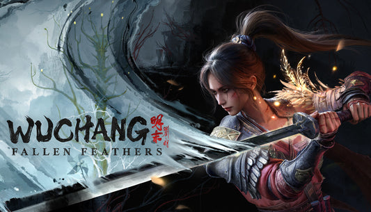 Official artwork for the action RPG WUCHANG: Fallen Feathers featuring a female protagonist in a dark fantasy setting.