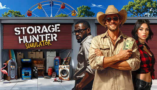 Cover art for Storage Hunter Simulator, displaying three confident characters standing in front of an open storage unit packed with various treasures, including an arcade cabinet and a jukebox.