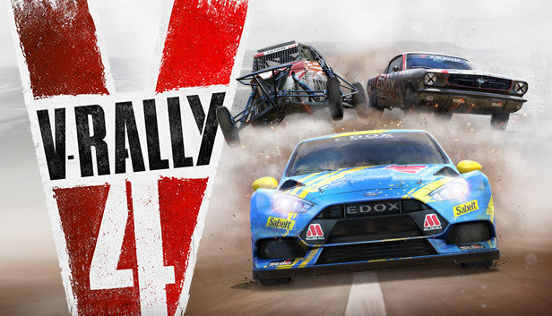 Cover art for the off-road racing game V-Rally 4 featuring a rally car driving on a dirt track.