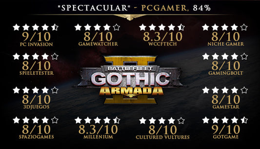 Official cover art for Battlefleet Gothic: Armada 2 featuring massive Warhammer 40,000 spaceships in a galactic battle.