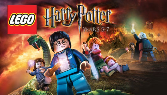 Official cover art for LEGO Harry Potter: Years 5-7 featuring Harry, Ron, and Hermione in a magical brick-built setting.