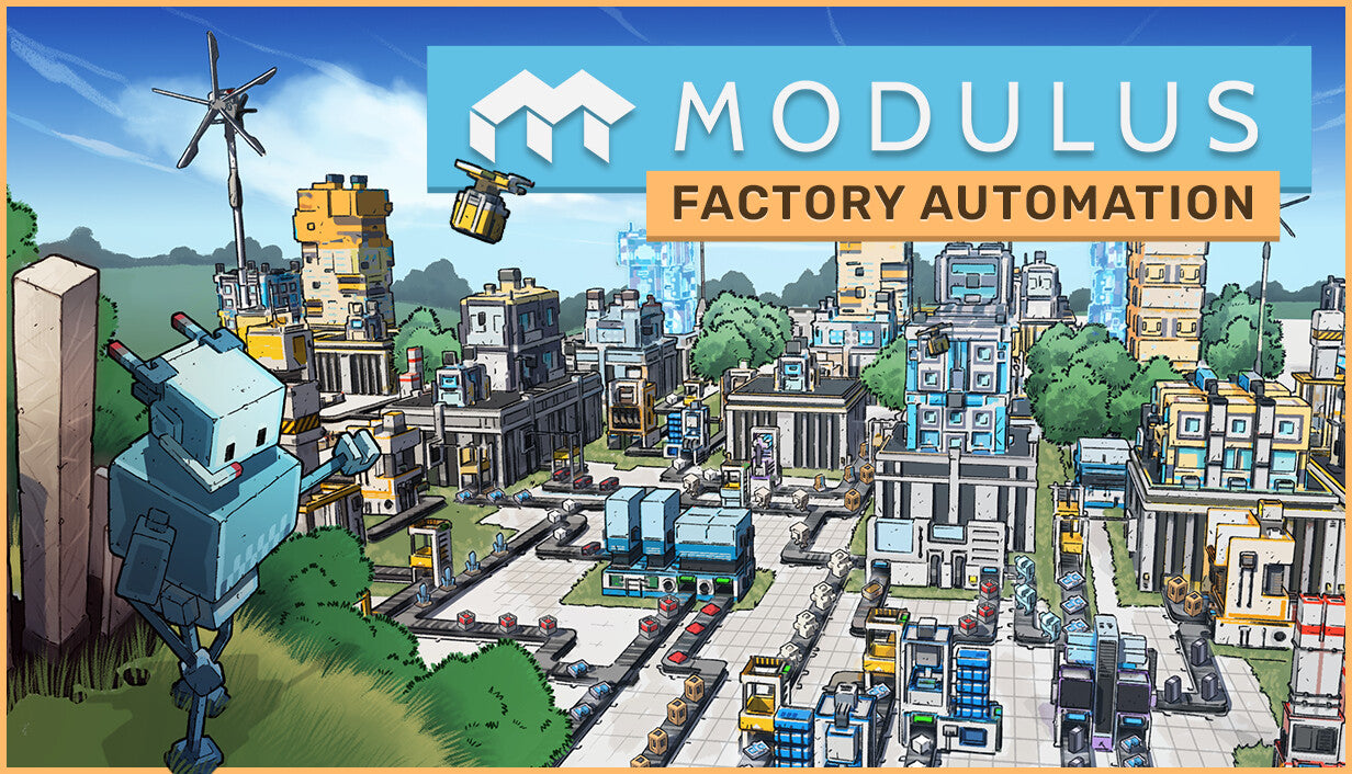 Bright, cel-shaded cover art for Modulus: Factory Automation showing a blocky blue robot standing on a grassy hill overlooking a sprawling, complex factory filled with conveyor belts, processing machines, and drones.