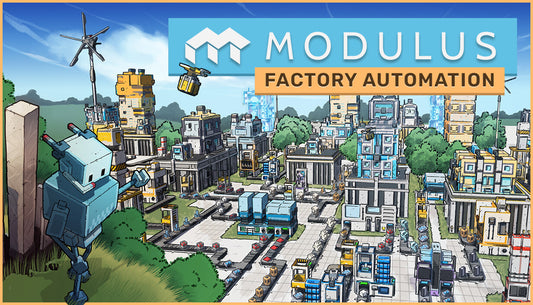 Bright, cel-shaded cover art for Modulus: Factory Automation showing a blocky blue robot standing on a grassy hill overlooking a sprawling, complex factory filled with conveyor belts, processing machines, and drones.
