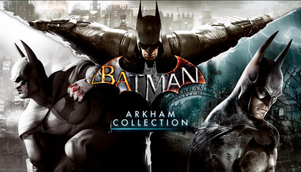 Official cover art for Batman: Arkham Collection featuring Batman standing against a dark, rainy Gotham City backdrop.