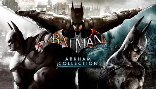 Official cover art for Batman: Arkham Collection featuring Batman standing against a dark, rainy Gotham City backdrop.
