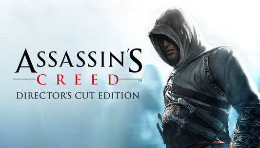 Action-adventure game cover art for Assassin's Creed featuring Altaïr Ibn-LaʼAhad against a historical backdrop.